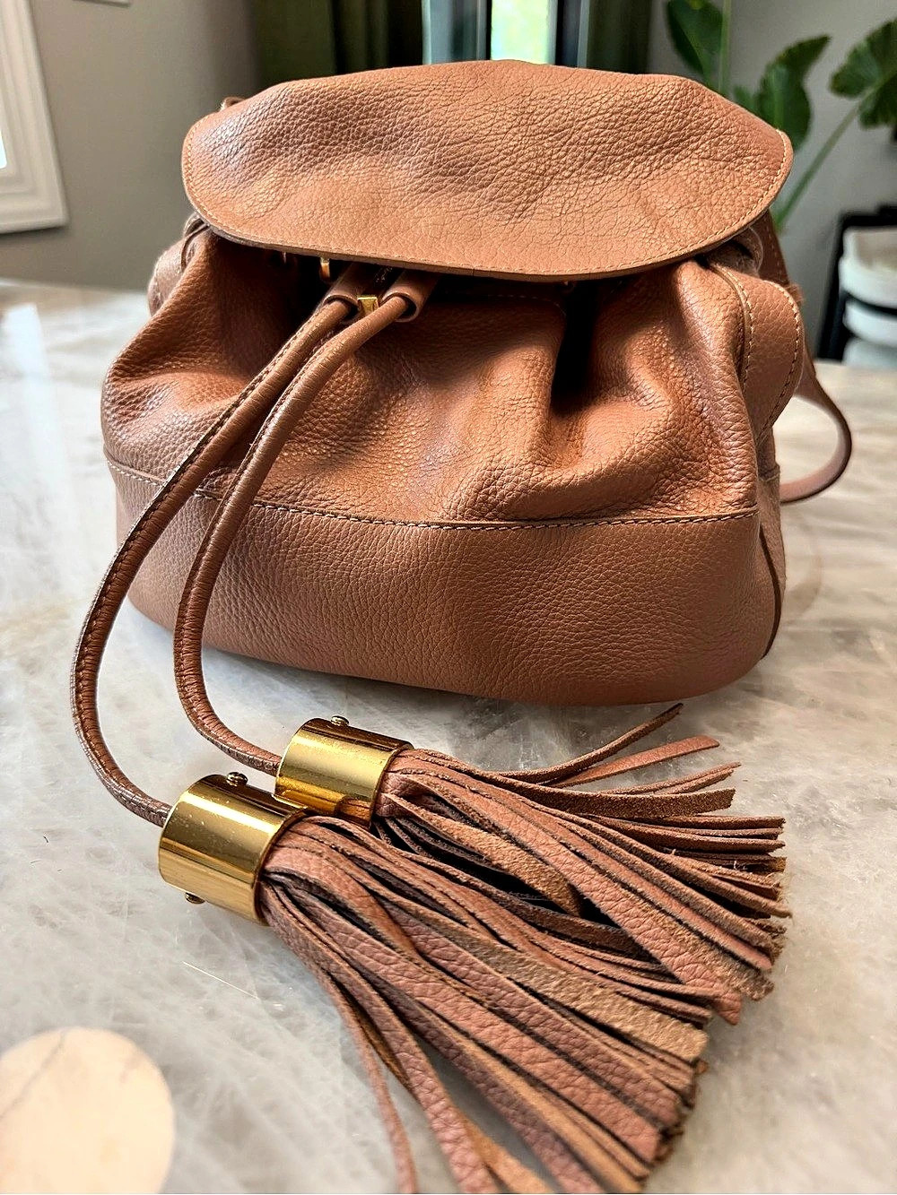 See by Chloé Pebbled Leather Tassel Crossbody Bucket Bag
